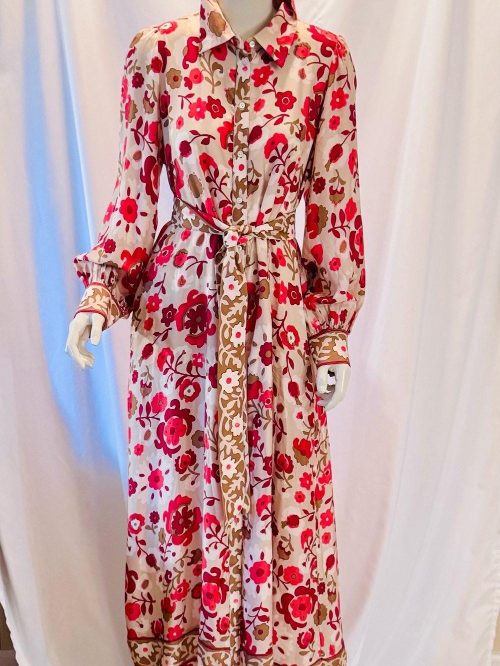J. McLaughlin:Serena Maxi Shirt Dress with Red Floral Print:Size L